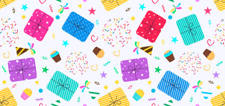 Birthday gift seamless vector design. Birthday gifts box endless pattern event party decoration and wallpaper background. Vector illustration invitation card design.のイラスト素材
