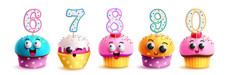 Birthday cupcake set vector design. Cup cake and muffin cartoon characters collection with party number topper decoration. Vector illustration birthday party elements.のイラスト素材