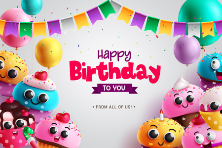 Happy birthday text vector design. Birthday invitation card with cup cake and muffin cartoon characters. Vector  illustration greeting and event greeting background.のイラスト素材
