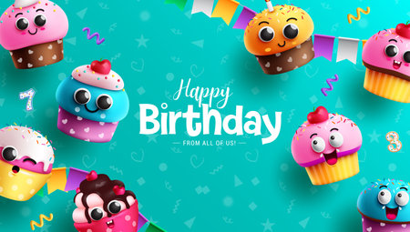 Happy birthday text vector design. Birthday text with cute and cupcakes in doodle blue background for card and invitation template. Vector illustration for birthday wrapper.