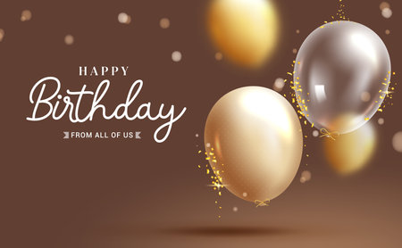 Happy birthday text vector design. Birthday greeting with gold and translucent balloons elements in elegant background. Vector illustration for invitation card template.のイラスト素材