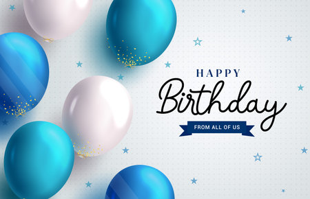 Happy birthday text vector design. Birthday greeting in pattern background with white and blue realistic balloons for card template. Vector illustration for dedication and birthdayのイラスト素材