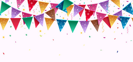 Birthday pennants vector design. Colorful pennant, streamer and banner hanging in empty space background. Vector illustration banderole for occasion and event elements.のイラスト素材