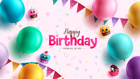 Happy birthday text vector design. Birthday greeting in doodle background with party elements like balloons and cupcakes. Vector illustration for invitation card decoration.のイラスト素材