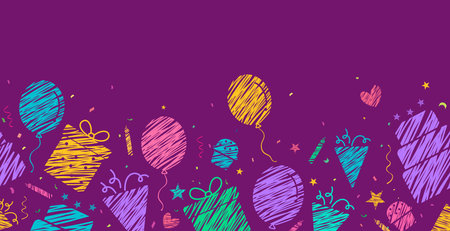 Birthday seamless vector design. Birthday party elements in purple background for wallpaper and wrapper. Vector illustration in empty space background.のイラスト素材