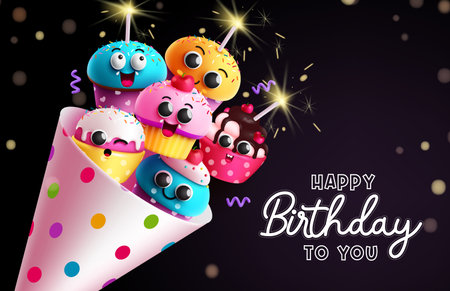 Birthday cupcake bouquet vector design. Happy birthday greeting text with cupcake characters and emoji in party hat elements. Vector illustration smiley cake decoration.のイラスト素材