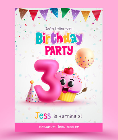 Birthday invitation card vector poster design. Happy birthday greeting, message and dedication card for 3rd birthday celebration. Vector illustration event decoration concept.のイラスト素材