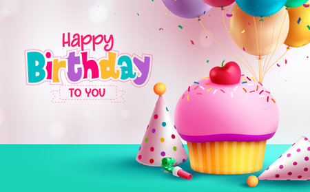 Birthday cake vector background design. Happy birthday greeting text in empty space with colorful cup cake and bunch of balloons. Vector illustration invitation dedication card.のイラスト素材