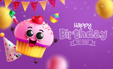 Happy birthday text vector design. Birthday cupcake character and party hat with colorful sprinkles in purple space. Vector illustration invitation card design.のイラスト素材