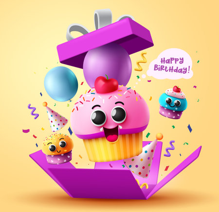 Birthday cupcake gift vector concept. Happy birthday text with cupcake character and colorful party elements. Vector illustration for surprise gift design.のイラスト素材