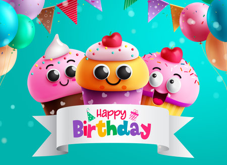 Birthday cupcake character vector design. Happy birthday text in ribbon space with cupcake, balloons and pennants colorful elements. Vector illustration party concept.のイラスト素材