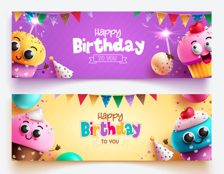 Happy birthday vector banner design. Birthday greeting text with cup cake characters for dedication card. Vector illustration party celebration background.のイラスト素材