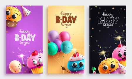Happy birthday vector poster set design. Birthday greeting text with colorful cupcake characters party event elements. Vector illustration invitation card lay out collection.のイラスト素材