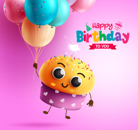 Happy birthday text vector design. Birthday cupcake character with candle holding bunch of party balloons elements. Vector illustration for greeting card concept.のイラスト素材