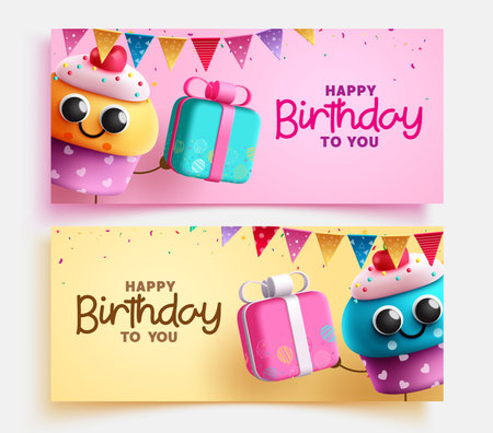 Happy birthday text vector set banner design. Birthday invitation card with colorful cup cake, gift box and pennants decoration. Vector illustration greeting card collection.のイラスト素材