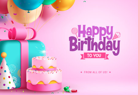 Happy birthday text vector design. Birthday typography with gift box, cake, balloons and party hat colorful elements decoration. Vector illustration dedication template background.のイラスト素材