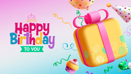 Happy birthday text vector design. Birthday invitation card with gift cartoon box and colorful party elements. Vector illustration greeting background.のイラスト素材