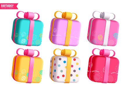 Birthday gifts elements vector set design. Colorful gift box collection for birthday and anniversary celebration elements. Vector illustration objects isolated.のイラスト素材