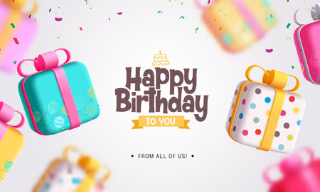 Happy birthday vector design. Happy birthday greeting text with colorful gift box for surprise elements decoration. Vector illustration invitation card background.のイラスト素材
