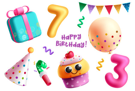 Birthday elements vector set design. Happy birthday text with colorful party decoration, objects and elements. Vector illustration collection of party objects.のイラスト素材