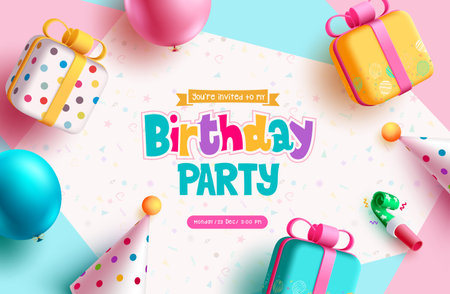 Birthday party text vector design. Happy birthday invitation card with colorful gift box, party hat, balloons and party elements. Vector illustration greeting dedication card.のイラスト素材