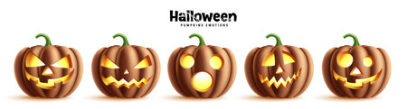 Halloween pumpkins set vector design. Pumpkins halloween in brown collection isolated in white background for horror celebration elements. Vector illustration spooky and creepy.のイラスト素材