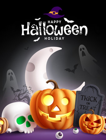 Happy halloween text vector design. Halloween invitation card with pumpkin, skull, graveyard, ghost and half moon decoration elements for holiday occasion. Vector illustrationのイラスト素材