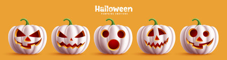 Pumpkins halloween vector set design. Halloween pumpkin white collection in scary, spooky and creepy facial expression for horror squash elements. Vector illustration white pumpkinのイラスト素材