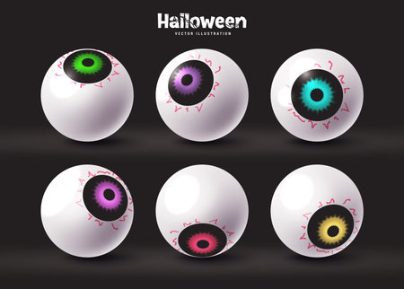 Halloween eye ball vector set design. Halloween eye balls collection in colorful lens, iris and cornea for horror creepy elements. Vector illustration colorful eyeballs collection.のイラスト素材