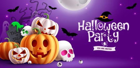 Halloween party text vector design. Halloween party invitation card with pumpkin squash lantern and moon elements in night background. Vector illustration kids horror partyのイラスト素材