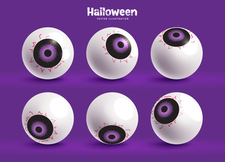 Halloween eye ball vector set design. Halloween eyeball scary collection isolated in purple background for horror mascot costume elements. Vector illustration eyeballs collectionのイラスト素材