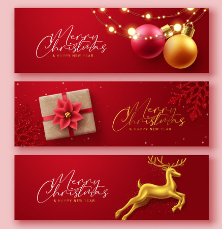 Merry christmas text vector banner set. Christmas and happy new year red greeting card with xmas balls, gift box and gold color deer in elegant background collection. Vectorのイラスト素材