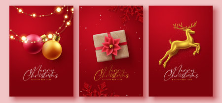 Christmas red greeting card vector poster set. Merry christmas and happy new year greeting text with xmas ball, gift box and gold deer decoration elements in elegant background.のイラスト素材