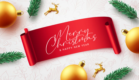 Merry christmas text greeting vector template design. Christmas greeting typography in red paper ribbon with xmas balls, spruce and deer for holiday season template. Vectorのイラスト素材