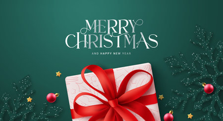 Christmas greeting card vector design. Merry christmas and happy new year text with gift box and green glitter snow flakes elements xmas  ornaments. Vector illustration greenのイラスト素材