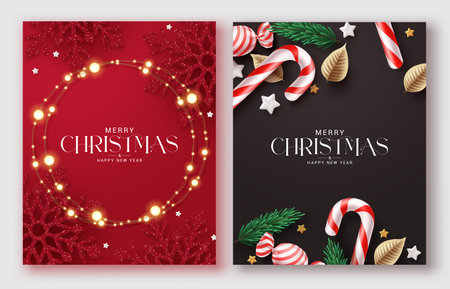 Merry christmas greeting text vector poster set. Christmas greeting card and gift tags collection for holiday season lay out collection. Vector illustration seasonal gift tags layのイラスト素材