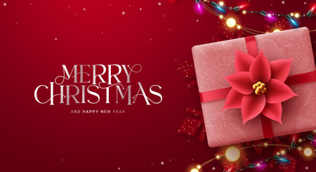 Merry christmas greeting vector design. Christmas greeting card in red elegant background with pattern gift box and poinsettia flower ornaments. Vector illustration holiday seasonのイラスト素材