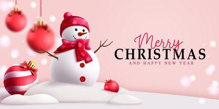 Merry christmas text vector design. Christmas snow man character in winter outdoor background with hanging xmas balls decoration elements. Vector illustration greeting card design.のイラスト素材