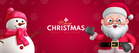 Merry christmas text greeting vector design. Christmas snow man and santa claus characters in empty red space for holiday season invitation card background. Vector illustrationのイラスト素材