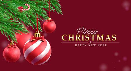 Merry christmas greeting text vector design. Christmas red balls hanging in pine tree spruce leaves xmas decoration elements for greeting card background. Vector illustrationのイラスト素材