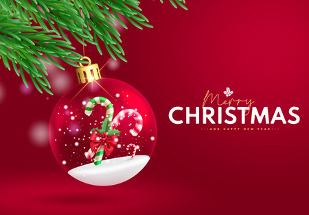 Christmas ball crystal vector design. Merry christmas greeting text with xmas ball glass bauble sphere hanging in red background. Vector illustration season holiday invitation cardのイラスト素材