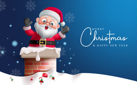 Christmas santa claus characters vector design. Merry christmas greeting card with santa claus character in roof top chimney concept for winter season background. Vectorのイラスト素材