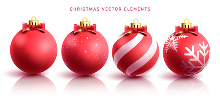 Christmas red balls vector set design. Christmas red ball ornament with elegant shiny and glitter for xmas season decoration. Vector illustration sphere elegant elements collectionのイラスト素材