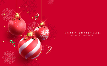 Christmas red balls vector design. Merry christmas greeting card with hanging red xmas balls and snowflakes in elegant shiny decoration elements. Vector illustration holiday seasonのイラスト素材