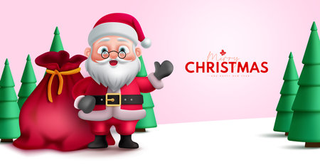 Christmas santa claus character vector design. Merry christmas greeting text with santa claus character standing and waving in winter outdoor background. Vector illustrationのイラスト素材