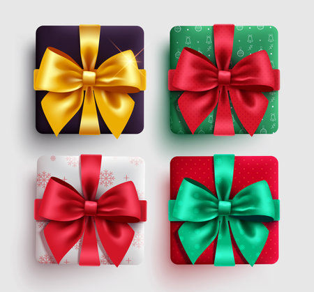 Christmas gifts box vector set design. Gift box in velvet and suede collection with elegant ribbon and lasso for christmas and new year party celebration elements. Vectorのイラスト素材