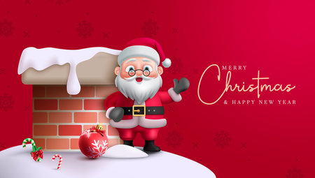 Merry christmas text santa claus character vector design. Christmas santa claus in chimney roof top concept for holiday season greeting card. Vector illustration christmas and newのイラスト素材