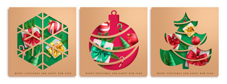 Christmas gift tags vector poster set design. Merry christmas and happy new year greeting cards in brown color lay out collection xmas poster. Vector illustration tags and stickerのイラスト素材