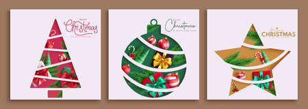 Christmas greeting tags vector poster set design. Merry christmas and happy new year gift tags in white color lay out collection card. Vector illustration tags and sticker in paperのイラスト素材