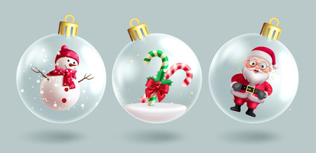 Christmas balls characters vector set. Christmas balls in glass, transparent, bauble sphere objects collection for xmas and winter seasonal decoration elements. Vector illustrationのイラスト素材